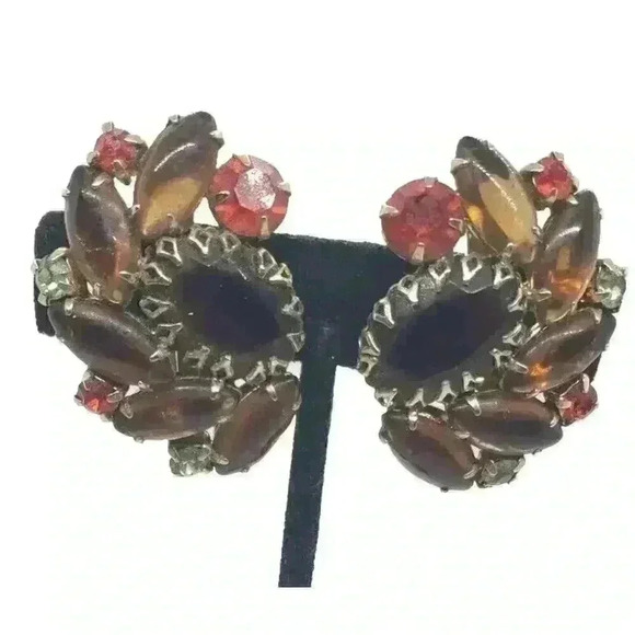 Vintage 60s Big Earrings Rhinestone Molded Glass Chunky Big Statement - Picture 2 of 10